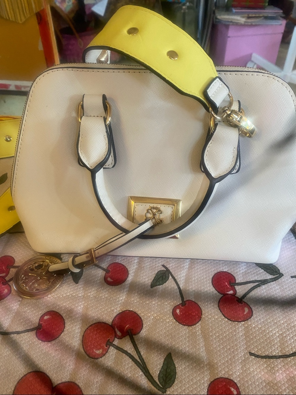 White Structured Satchel with Contrast Yellow Strap
